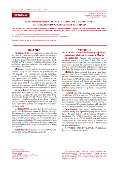 Estudio de seroprevalencia al SARS-CV-2 en pacientes en tratamiento por adicciones en Madrid